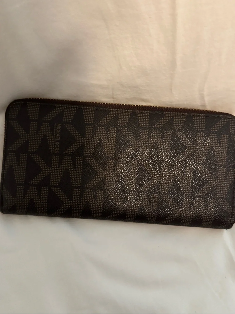 Michael Kors Dark Brown MK Logo Zip Around Wallet with Gold Plaque